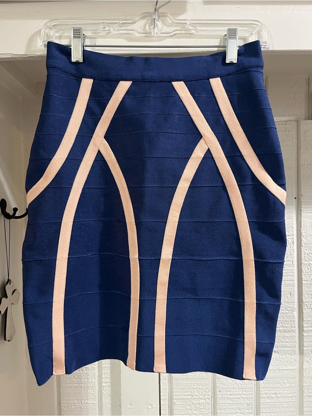 HD in Paris Navy Pencil Skirt with Blush Trim Sz S snug stretchy fit